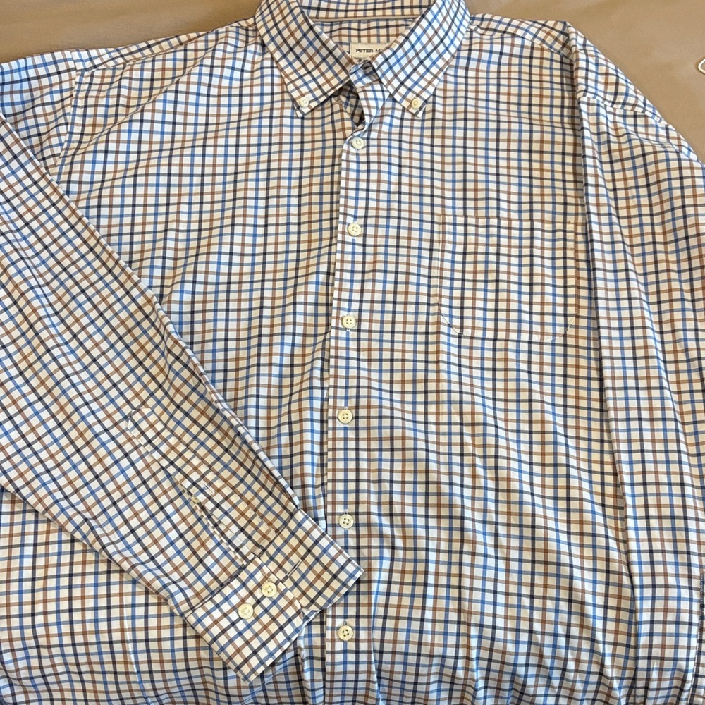 Peter Millar Blue and White Plaid Button Down Shirt